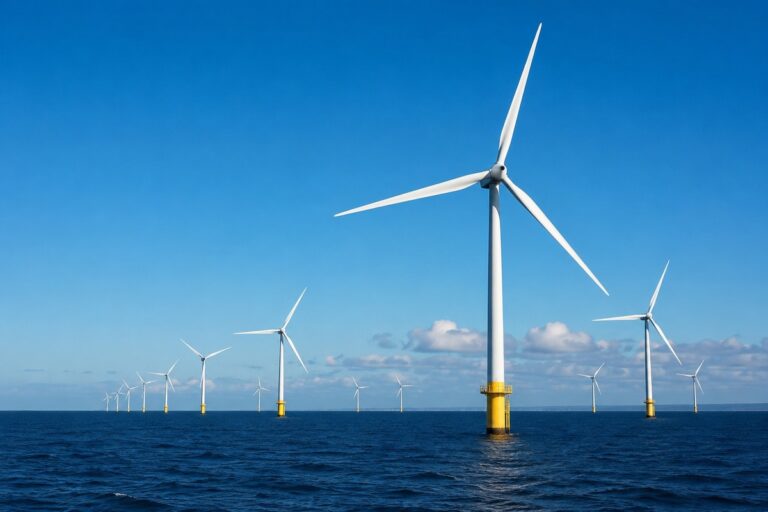 Offshore windturbines in zee bij helder weer tijdens de aanleg van een windenergiepark.