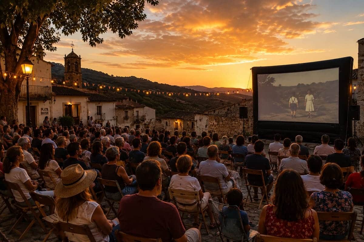 Openluchtfilmvertoning op een dorpsplein bij zonsondergang met inwoners die naar een onafhankelijke film kijken.