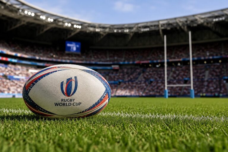 Close-up van een rugbybal op het gras in een vol rugbystadion met doelpalen op de achtergrond.