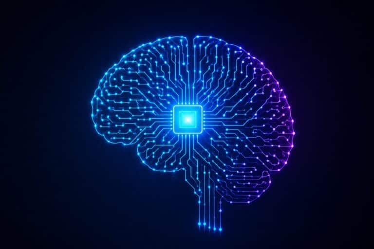 Abstracte illustratie van een digitaal brein met een centrale microchip als symbool voor kunstmatige intelligentie en Deep Tech in Spanje.