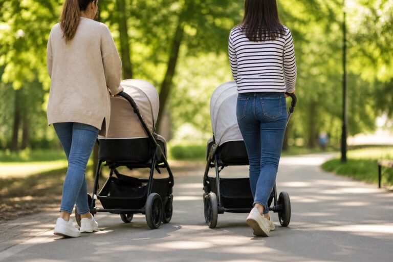 Twee jonge vrouwen lopen in een park en duwen elk een kinderwagen, gezien van achteren