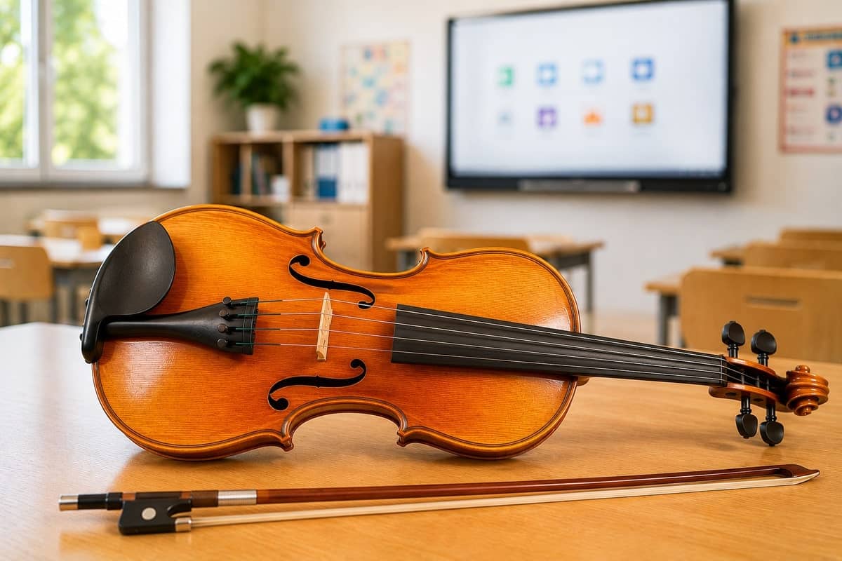 Viool op een houten tafel in een modern muzieklokaal met een digitale leswand op de achtergrond.