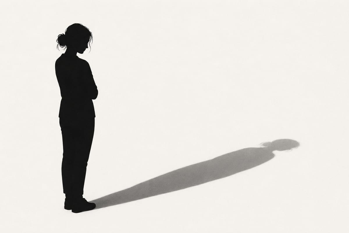 Zwart-witillustratie van het silhouet van een vrouw met een lange schaduw op een lichte achtergrond.