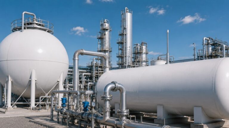 Industriële installatie voor waterstofopslag met grote opslagtanks, pijpleidingen en verwerkingsinstallaties onder een heldere blauwe lucht.