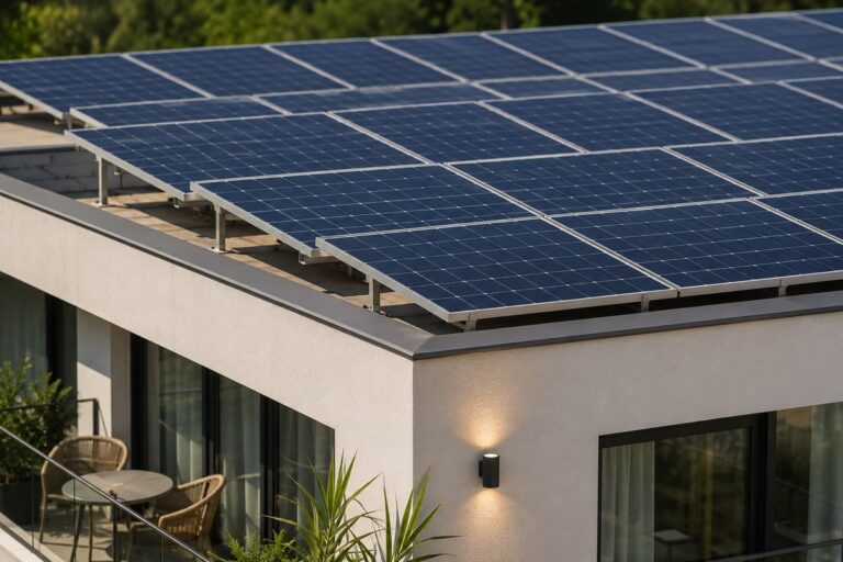 Zonnepanelen op het dak van een modern hotelgebouw