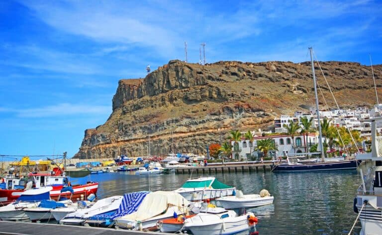 Haven van Arguineguín op Gran Canaria met vissers- en pleziervaartuigen, een rotsachtige kust en bebouwing onder een blauwe lucht.