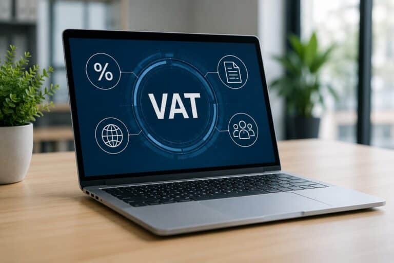 Laptop met digitaal btw-dashboard op een bureau, als illustratie van de nieuwe Europese btw-regels voor de digitale economie in Spanje.