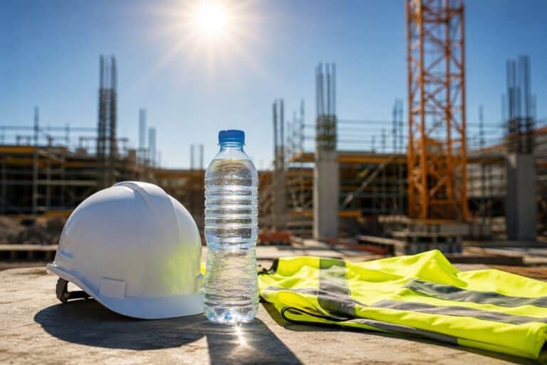 Veiligheidshelm, waterfles en veiligheidshesje op een bouwplaats tijdens warm weer.