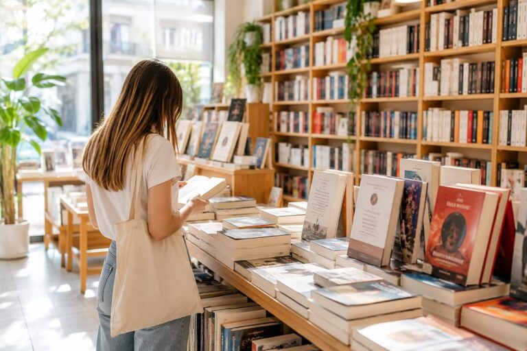 Jonge vrouw bladert door een boek in een lichte, moderne boekwinkel.
