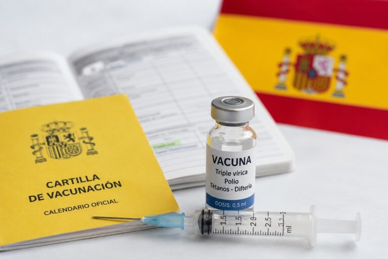 Vaccinflesje, injectiespuit en vaccinatieboekje met Spaanse vlag op de achtergrond als illustratie van de nieuwe Spaanse vaccinatiestrategie voor migranten en vluchtelingen.