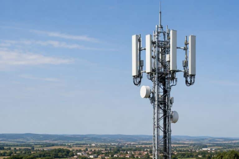 Telecommast met antennes voor een mobiel netwerk onder een heldere blauwe lucht.
