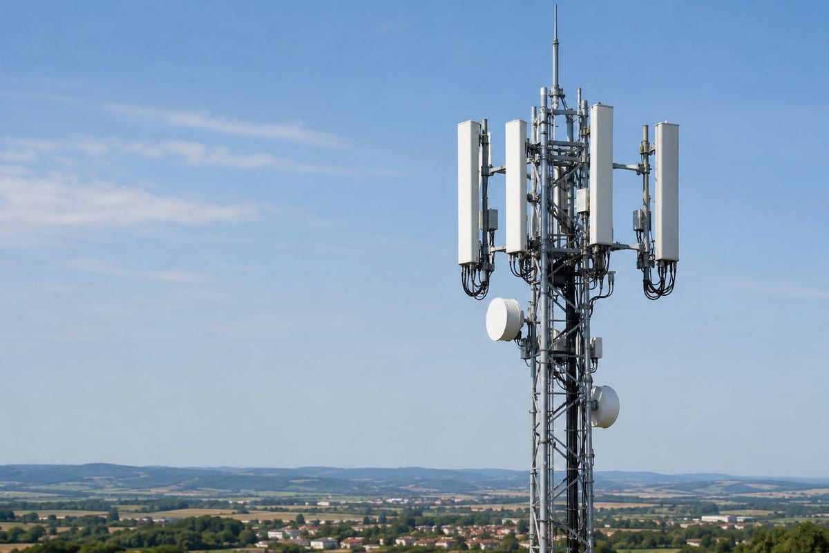 Telecommast met antennes voor een mobiel netwerk onder een heldere blauwe lucht.