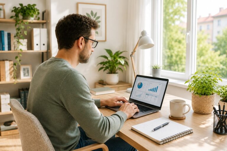 Man werkt aan een laptop in een lichte thuiswerkplek met bureau, planten en daglicht.