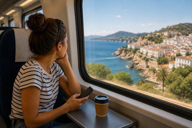 Jonge vrouw kijkt vanuit een trein uit over een kustplaats aan zee.