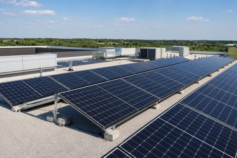 Zonnepanelen op het dak van een modern openbaar gebouw met technische installaties en blauwe lucht op de achtergrond.