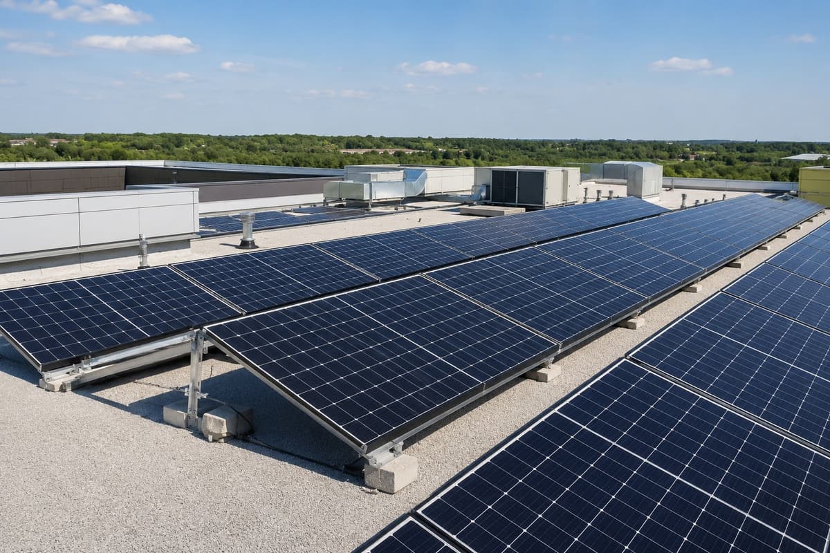 Zonnepanelen op het dak van een modern openbaar gebouw met technische installaties en blauwe lucht op de achtergrond.