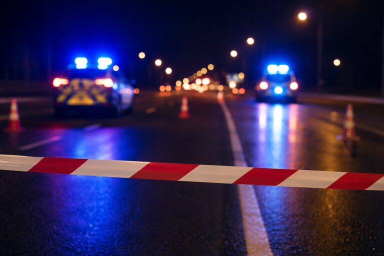 AI-illustratie van een afgesloten weg bij nacht met onscherpe politievoertuigen, verkeerskegels en afzetlint.