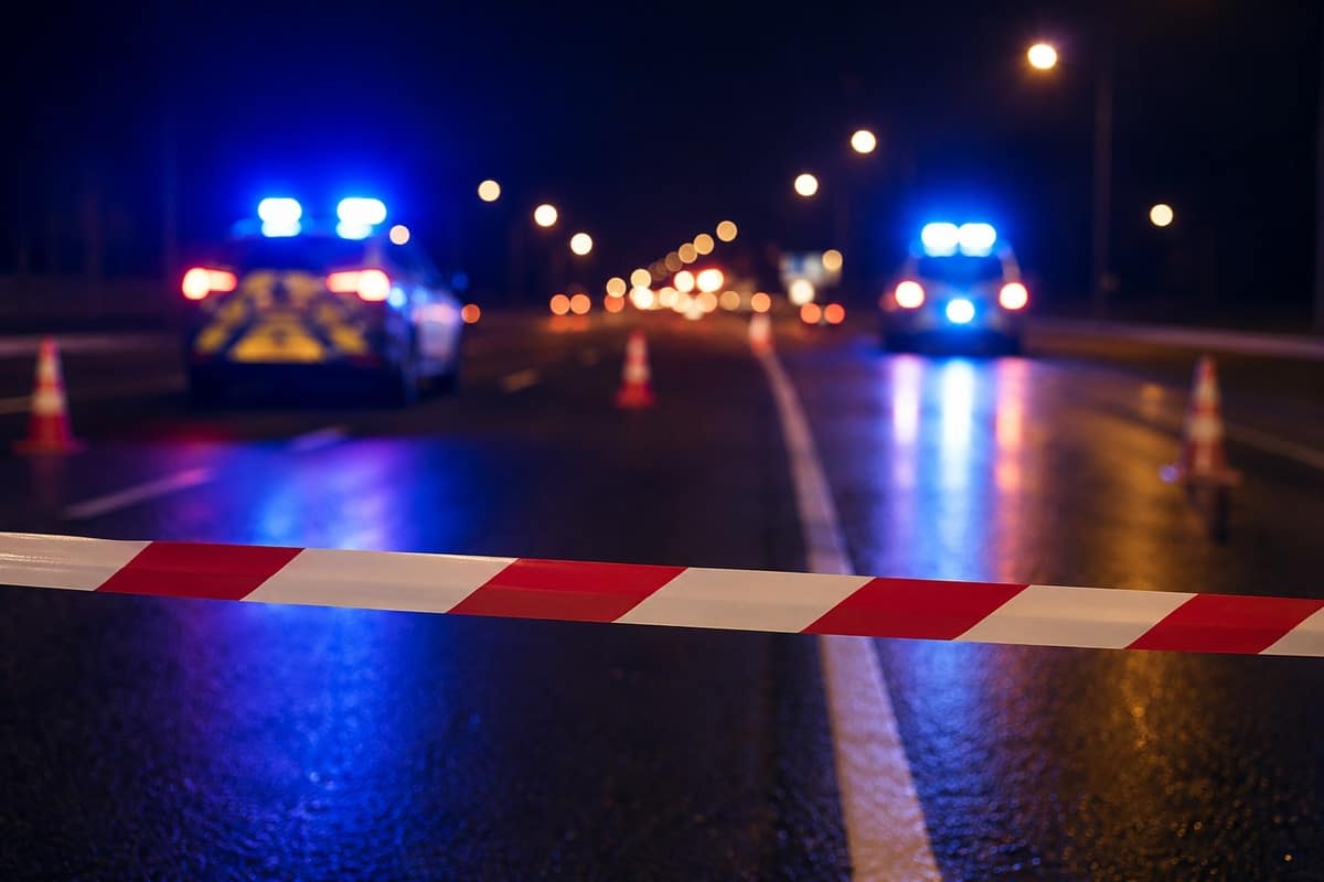 AI-illustratie van een afgesloten weg bij nacht met onscherpe politievoertuigen, verkeerskegels en afzetlint.