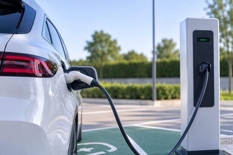 AI-illustratie van een elektrische auto die is aangesloten op een openbare laadpaal op een parkeerplaats.