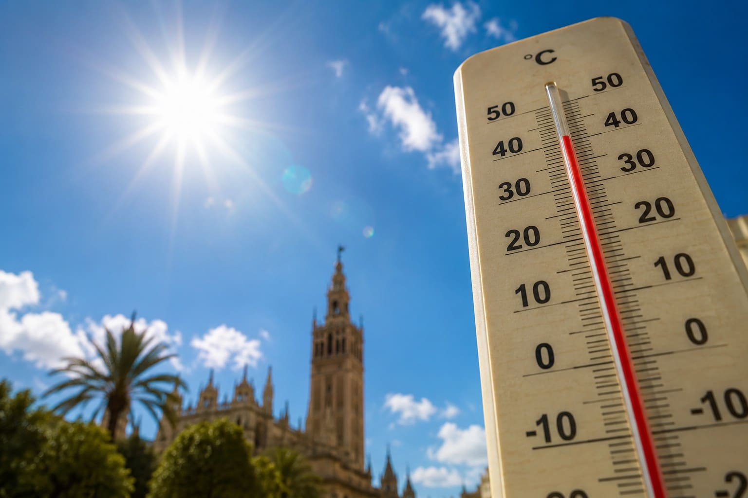 AI-illustratie van een thermometer met temperaturen rond 40 graden onder een felle zon tijdens de hittegolf in Andalusië.