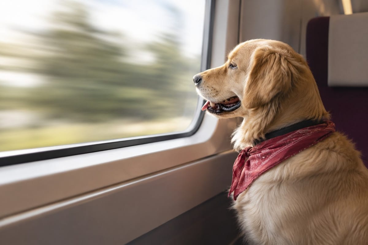 AI-illustratie van een golden retriever die naast een treinraam zit en naar buiten kijkt.