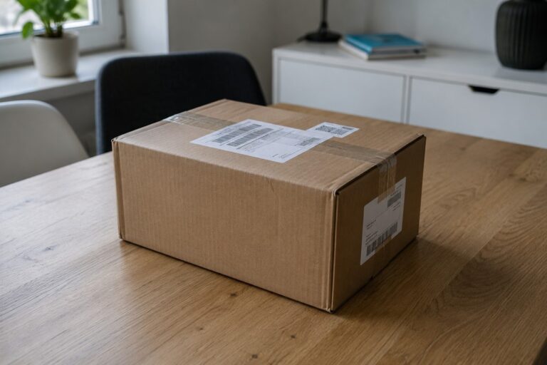 Kartonnen pakket met verzendlabels op een houten tafel in een woning.