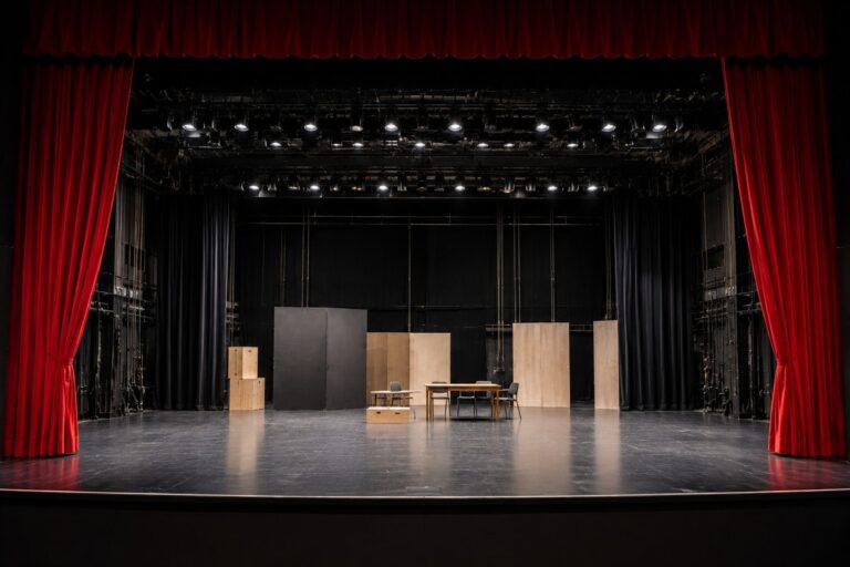 AI illustratie van een leeg professioneel theaterpodium met rode gordijnen, decorstukken, een tafel, stoelen en rekwisieten.