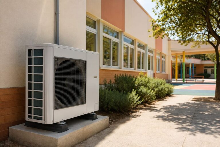 Warmtepomp naast een schoolgebouw voor duurzame verwarming en koeling.